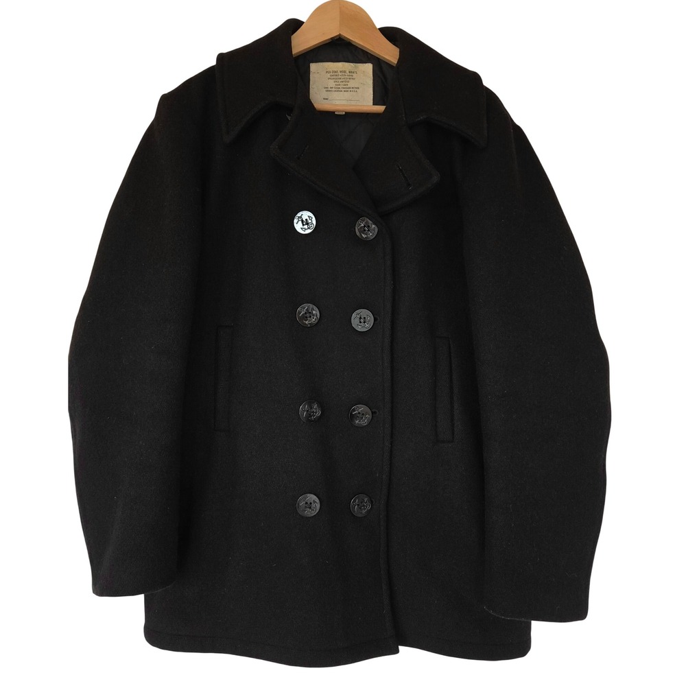 Vintage 80s US Navy Peacoat Overcoat 40L Wool MP72132 Double Breasted Black